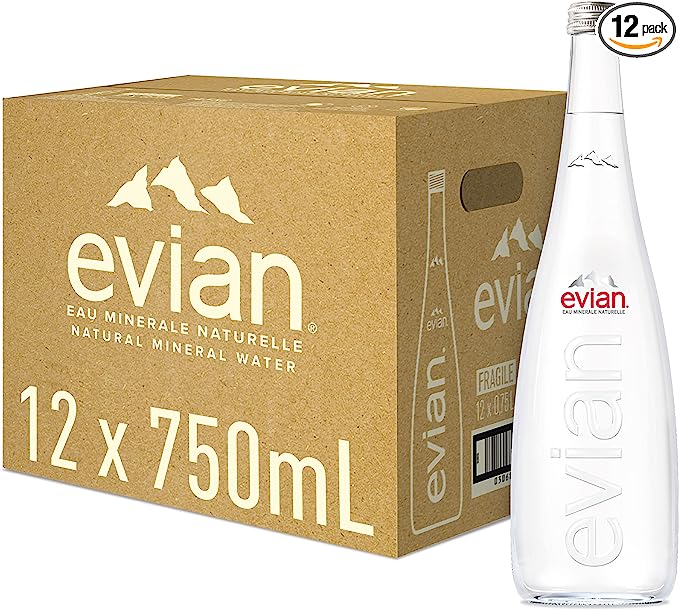 Evian water in glass bottles